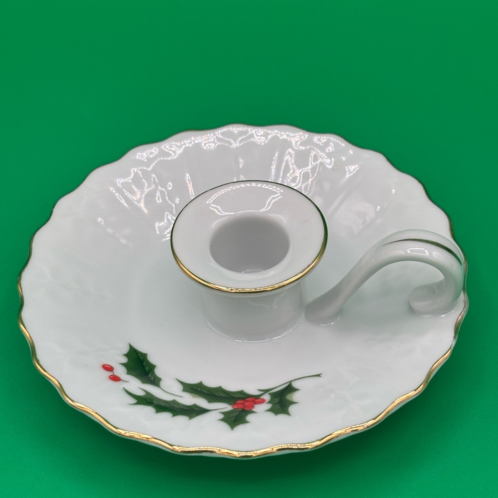 Vintage Christmas Holly Berries Finger Loop Taper Candle Holder Japan 5”